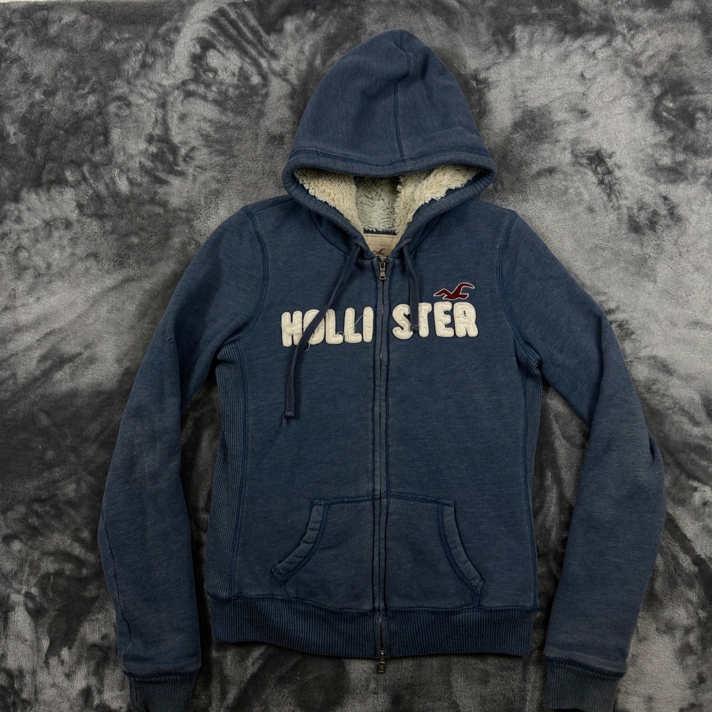 Hollister Zip Up Hoodie Womens Medium Blue Faux Fur Lined Logo Fleece Jacket